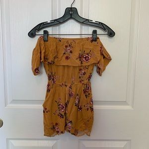 yellow floral off the shoulder romper